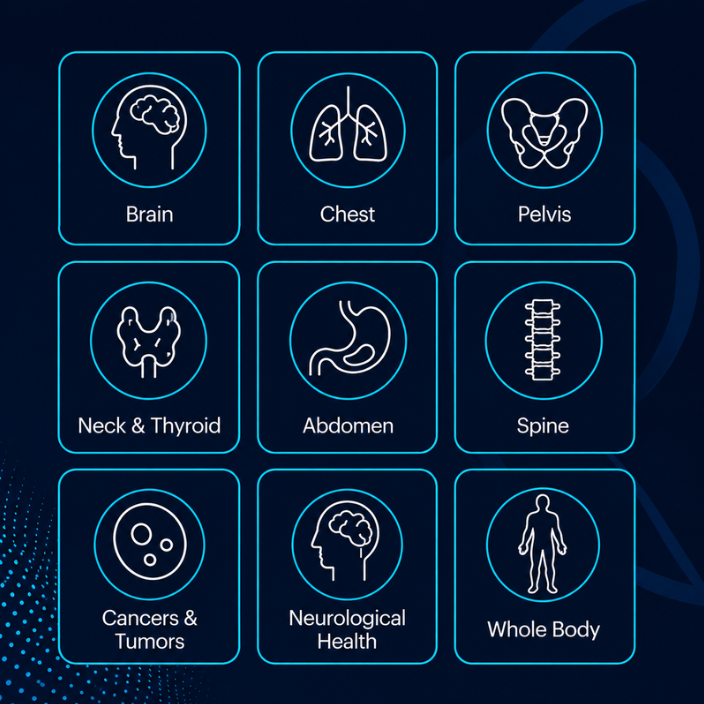 Body areas available for private MRI scans in Leeds, including brain, chest, pelvis, abdomen and spine